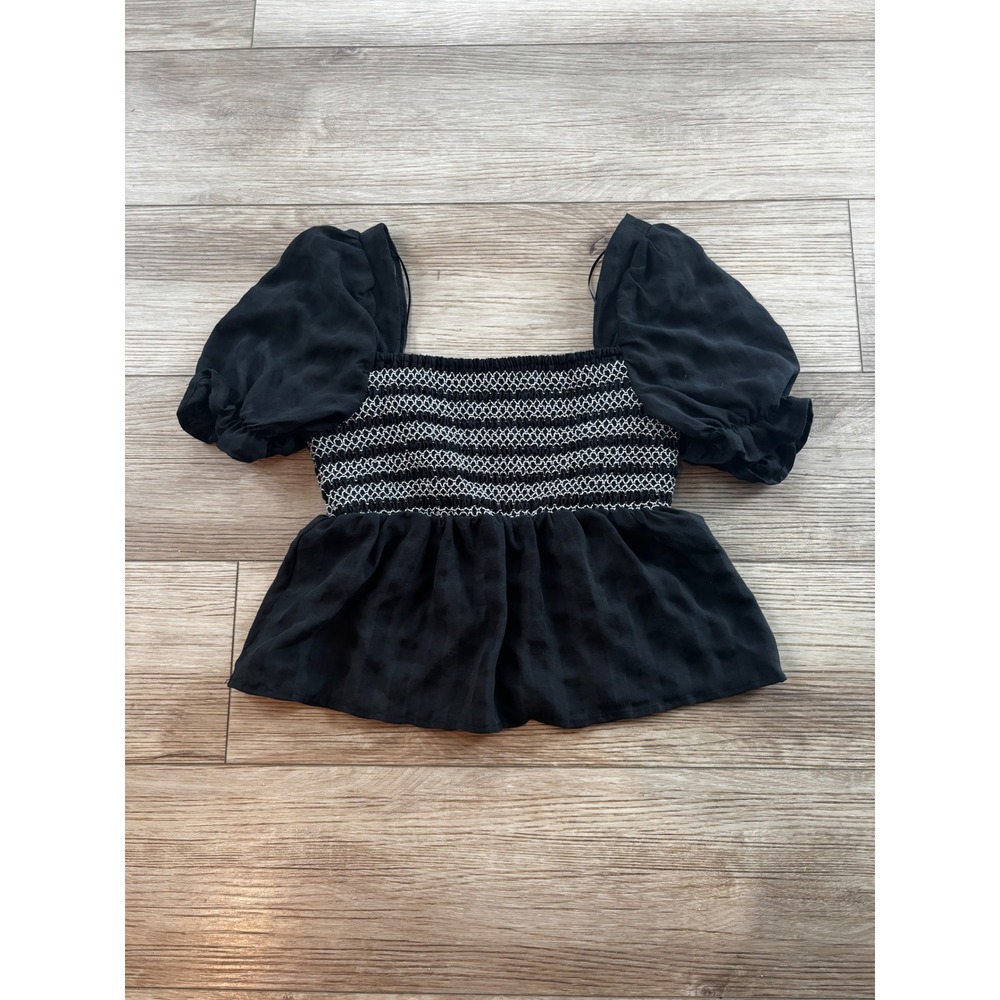 Dizzy Lizzy Black Smocked Puff Sleeve Peplum Top White Embroidery Cottagecore S